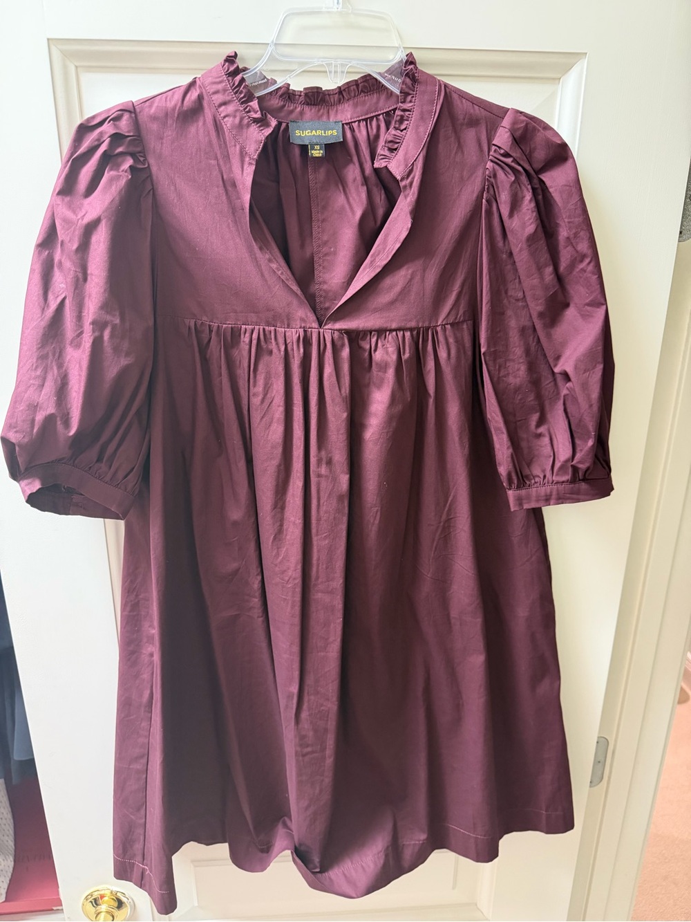 SugarLips Burgundy Puff Sleeve Babydoll Mini Dress XS Pockets Worn Once